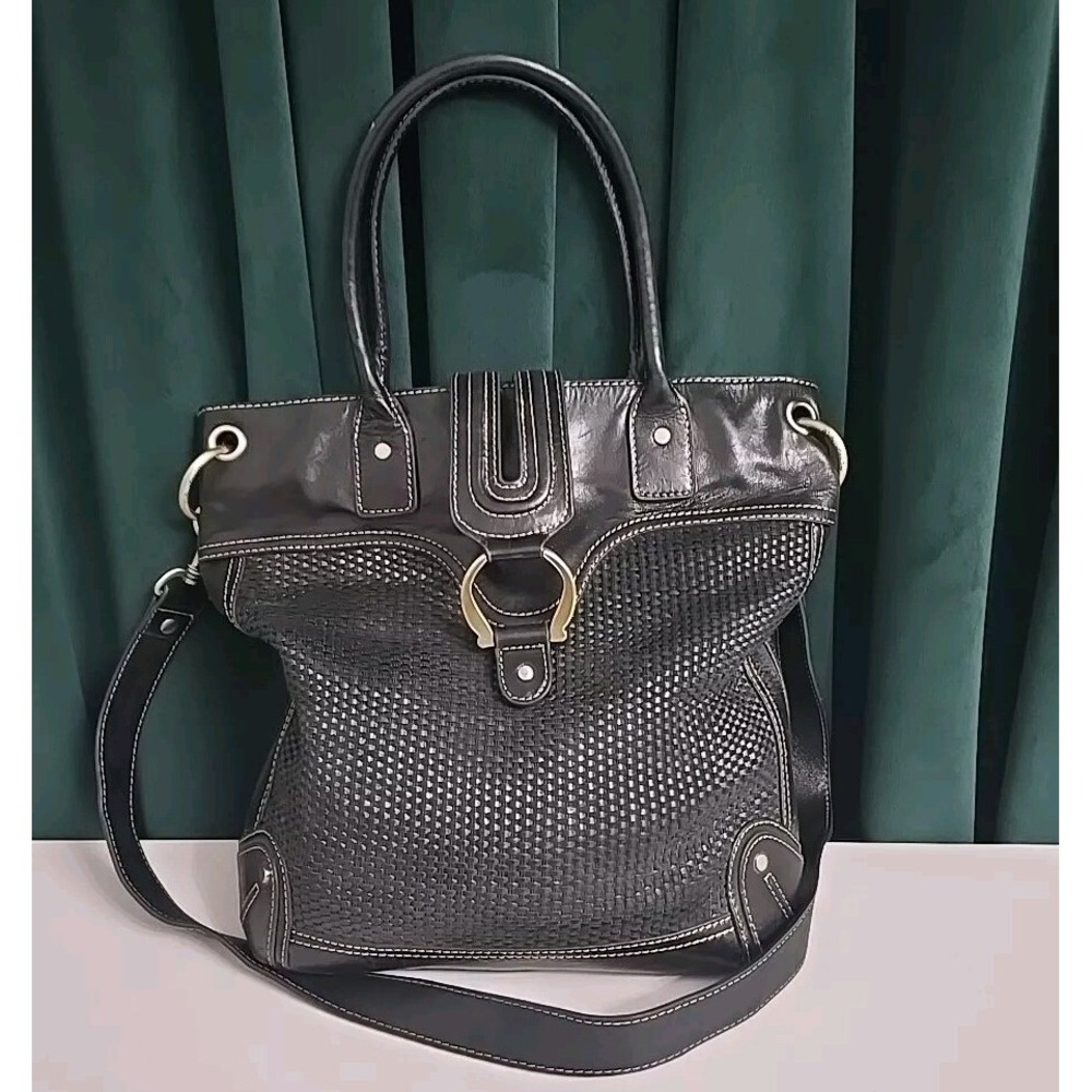 Kate Landry Black Leather and Woven Shoulder Bagโ